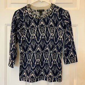 INC Women's Blue Patterned Sweater withh Jewelry Neckline.
